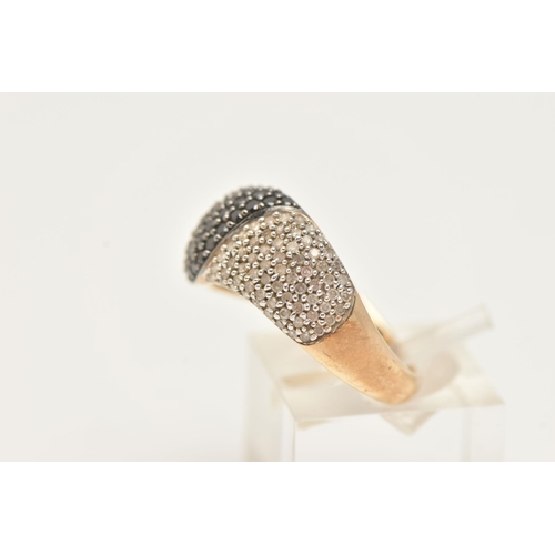 186 - A 9CT GOLD DIAMOND DRESS RING, pave set with colourless single cut diamonds and pave set round brill... 