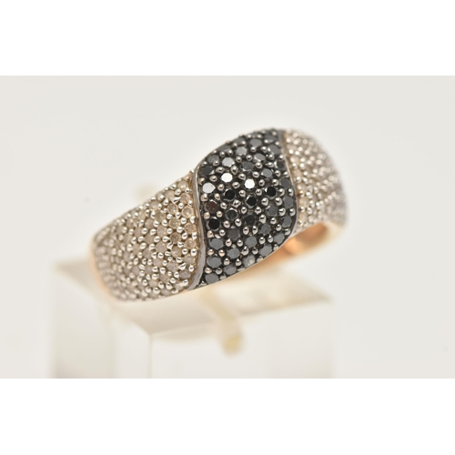 186 - A 9CT GOLD DIAMOND DRESS RING, pave set with colourless single cut diamonds and pave set round brill... 