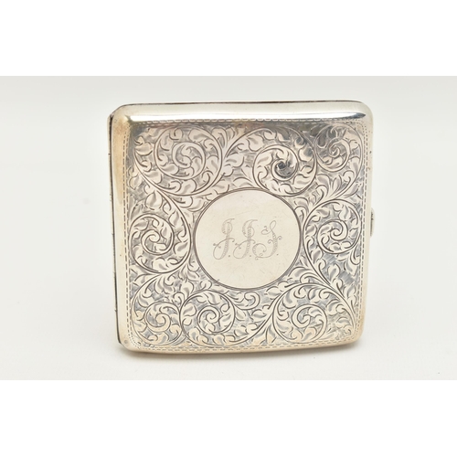 195 - AN EARLY 20TH CENTURY SILVER CIGARETTE CASE, of a rounded square form, scrolling foliate pattern wit... 