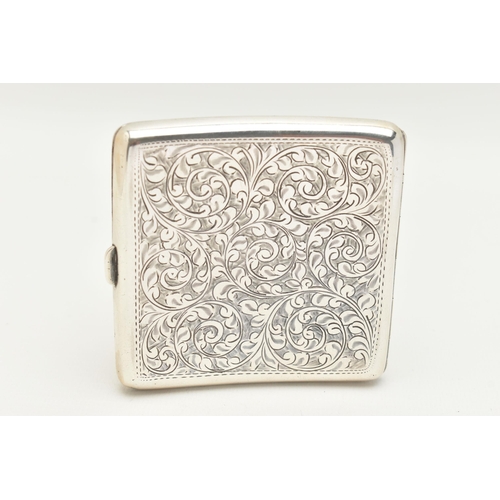 195 - AN EARLY 20TH CENTURY SILVER CIGARETTE CASE, of a rounded square form, scrolling foliate pattern wit... 