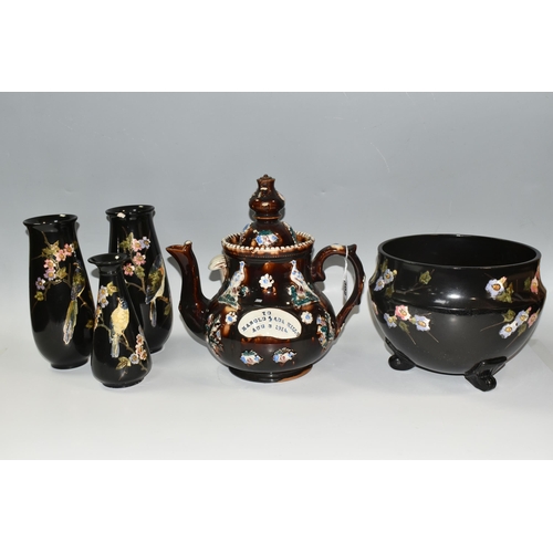 302 - A LARGE MEASHAM POTTERY BARGEWARE TEAPOT, decorated in traditional  design having typical moulded fl... 