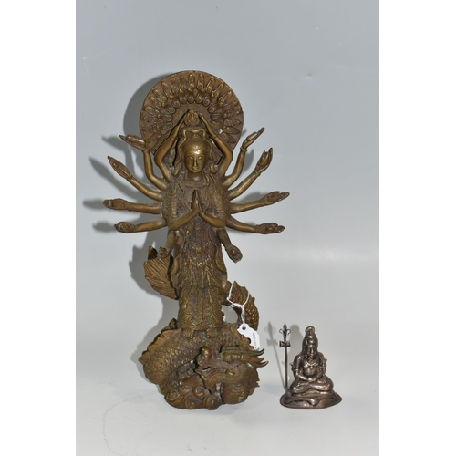 303 - A BRASS FIGURE OF 'THOUSAND HAND KUAN YIN', height 27cm, together with a small white metal 'Lord Shi... 