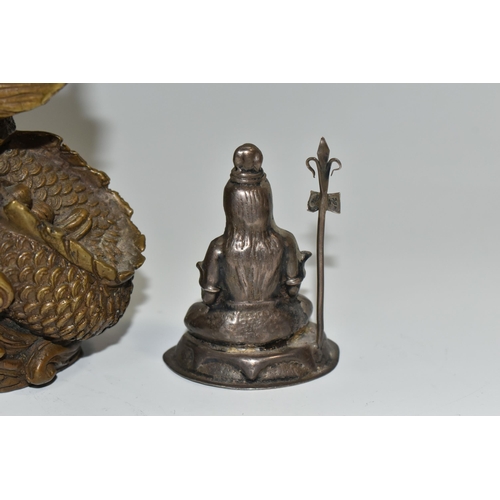 303 - A BRASS FIGURE OF 'THOUSAND HAND KUAN YIN', height 27cm, together with a small white metal 'Lord Shi... 