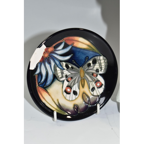 312 - A MOORCROFT POTTERY DISH AND PIN DISH, comprising  pin dish 'Butterfly and Berries' designed by Sian... 