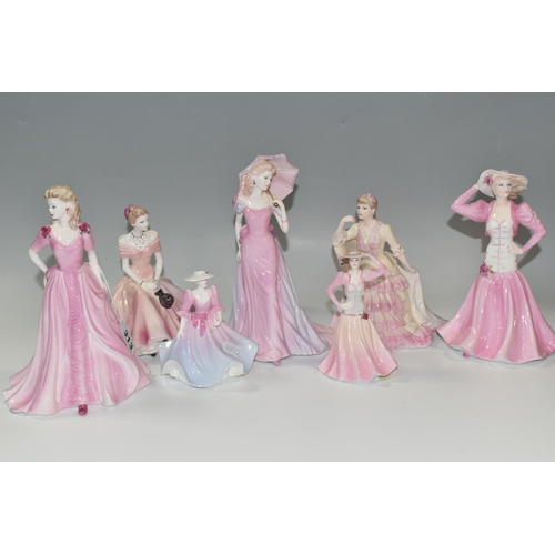 313 - A GROUP OF SEVEN COALPORT LADIES, comprising five standard figurines wearing pink gowns, all unnamed... 