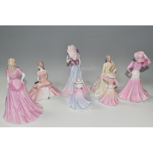 313 - A GROUP OF SEVEN COALPORT LADIES, comprising five standard figurines wearing pink gowns, all unnamed... 