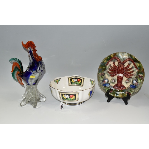 320 - AN AYNSLEY FRUIT BOWL, A PORTUGESE MAJOLICA LOBSTER DISH AND GLASS COCKEREL, comprising an Aynsley A... 