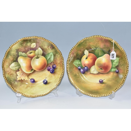 321 - TWO COALPORT PORCELAIN 'FALLEN FRUITS' CABINET PLATES, comprising two plates hand painted with a 'Fa... 