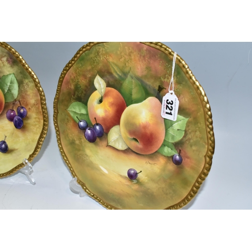 321 - TWO COALPORT PORCELAIN 'FALLEN FRUITS' CABINET PLATES, comprising two plates hand painted with a 'Fa... 