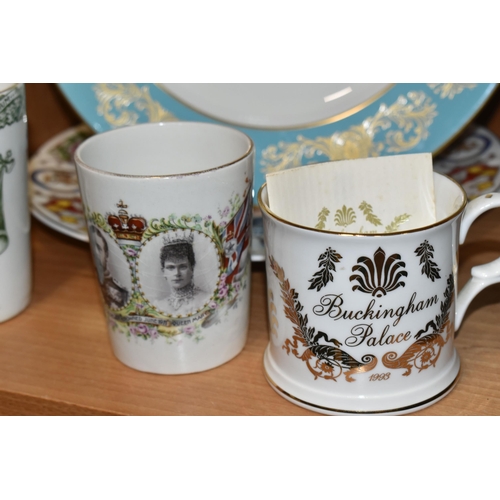 322 - A GROUP OF NAMED ROYAL COMMEMORATIVE CERAMICS, comprising a limited edition boxed Royal Crown Derby ... 