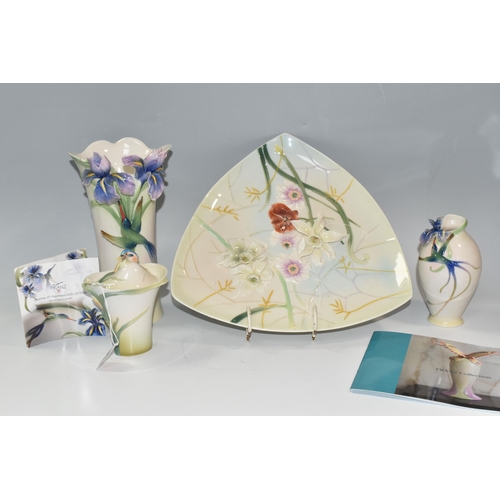 323 - A GROUP OF FOUR PIECES OF FRANZ COLLECTION PORCELAIN, comprising a 'Hummingbird' vase FZ01203, heigh... 