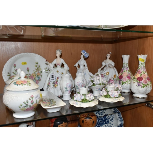 325 - A GROUP OF FIFTEEN PIECES OF NAMED PORCELAIN GIFTWARE AND FIGURINES, comprising two Coalport 'Rose G... 