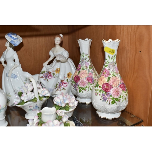 325 - A GROUP OF FIFTEEN PIECES OF NAMED PORCELAIN GIFTWARE AND FIGURINES, comprising two Coalport 'Rose G... 