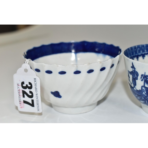 327 - THREE PIECES OF BLUE AND WHITE EIGHTEENTH / NINETEENTH CENTURY PORCELAIN, comprising a Worcester dis... 