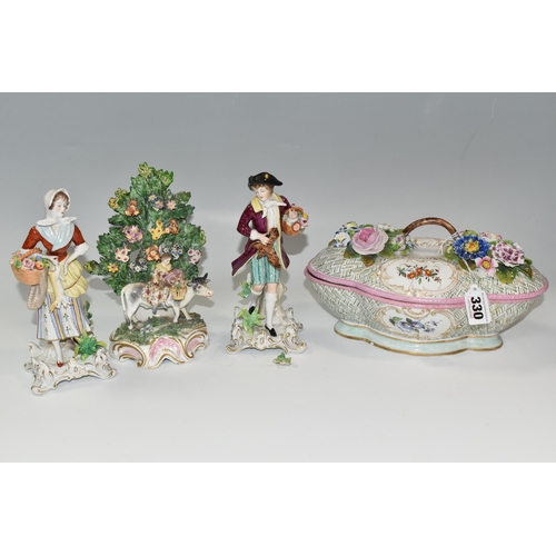 330 - A GROUP OF CONTINENTAL PORCELAIN, comprising a covered Meissen dish decorated with applied flowers, ... 