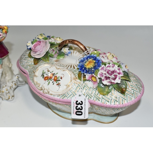 330 - A GROUP OF CONTINENTAL PORCELAIN, comprising a covered Meissen dish decorated with applied flowers, ... 