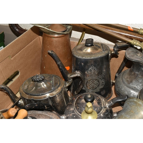 332 - TWO BOXES OF METALWARE, to include silverplate teapots, copper hot water jug, brass fire dog, vintag... 