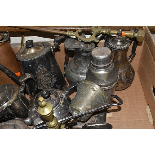 332 - TWO BOXES OF METALWARE, to include silverplate teapots, copper hot water jug, brass fire dog, vintag... 