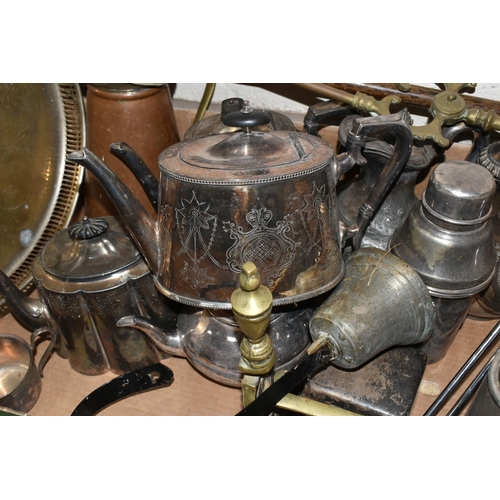 332 - TWO BOXES OF METALWARE, to include silverplate teapots, copper hot water jug, brass fire dog, vintag... 