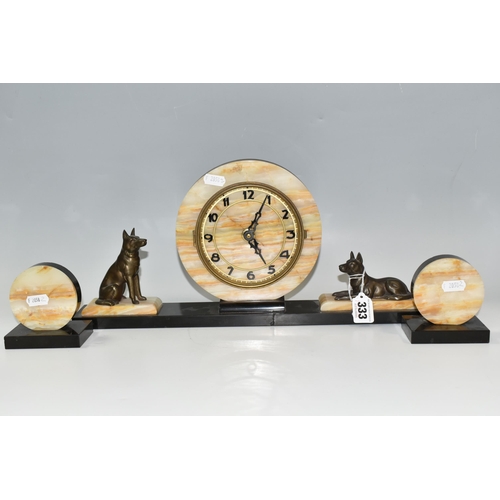 333 - AN ART DECO ONYX AND BLACK MARBLE CLOCK GARNITURE, of geometric form, surmounted by two figures of G... 