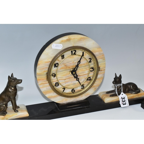 333 - AN ART DECO ONYX AND BLACK MARBLE CLOCK GARNITURE, of geometric form, surmounted by two figures of G... 