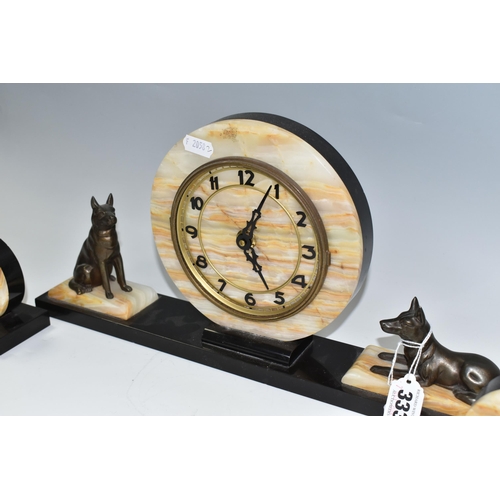 333 - AN ART DECO ONYX AND BLACK MARBLE CLOCK GARNITURE, of geometric form, surmounted by two figures of G... 