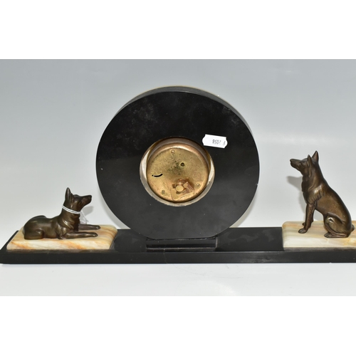 333 - AN ART DECO ONYX AND BLACK MARBLE CLOCK GARNITURE, of geometric form, surmounted by two figures of G... 