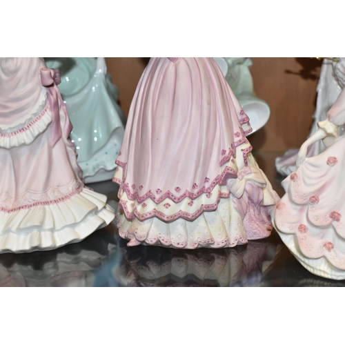 336 - SEVEN COALPORT FIGURINES, comprising Lady Caroline at the Summer Garden Party (second quality, some ... 