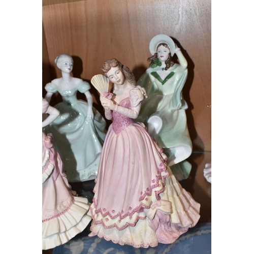 336 - SEVEN COALPORT FIGURINES, comprising Lady Caroline at the Summer Garden Party (second quality, some ... 