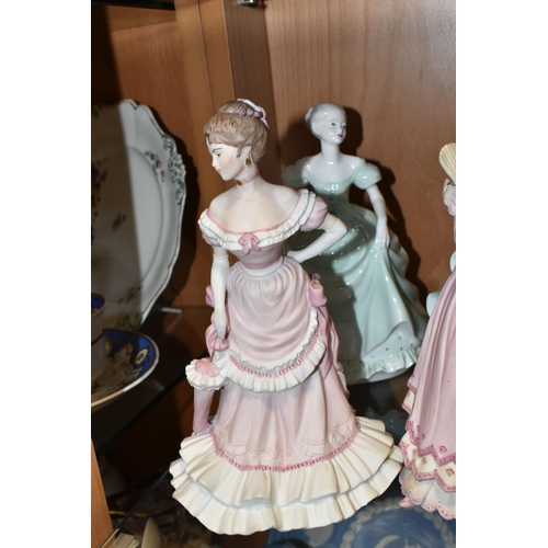 336 - SEVEN COALPORT FIGURINES, comprising Lady Caroline at the Summer Garden Party (second quality, some ... 