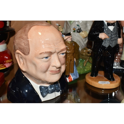 348 - SEVEN WINSTON CHURCHILL THEMED CERAMIC FIGURES AND CHARACTER JUGS, comprising a Sylvac 4476 characte... 