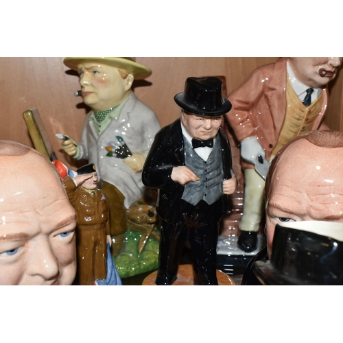 348 - SEVEN WINSTON CHURCHILL THEMED CERAMIC FIGURES AND CHARACTER JUGS, comprising a Sylvac 4476 characte... 