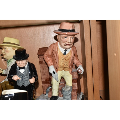 348 - SEVEN WINSTON CHURCHILL THEMED CERAMIC FIGURES AND CHARACTER JUGS, comprising a Sylvac 4476 characte... 