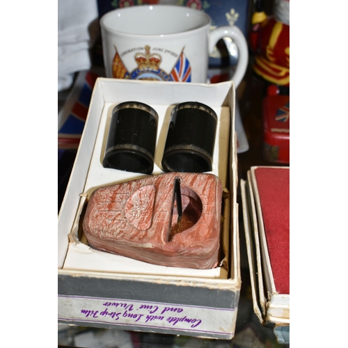 349 - A COLLECTION OF ROYAL COMMEMORATIVE ITEMS, to include a boxed glass medal made to commemorate the vi... 