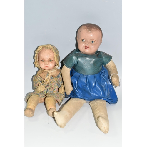 350 - TWO VINTAGE DOLLS, the smaller with painted cloth head, the larger having a composition head, each w... 