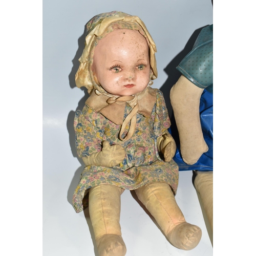 350 - TWO VINTAGE DOLLS, the smaller with painted cloth head, the larger having a composition head, each w... 