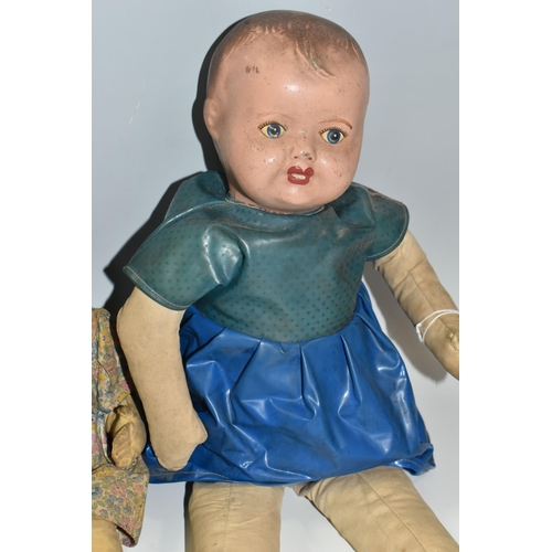 350 - TWO VINTAGE DOLLS, the smaller with painted cloth head, the larger having a composition head, each w... 