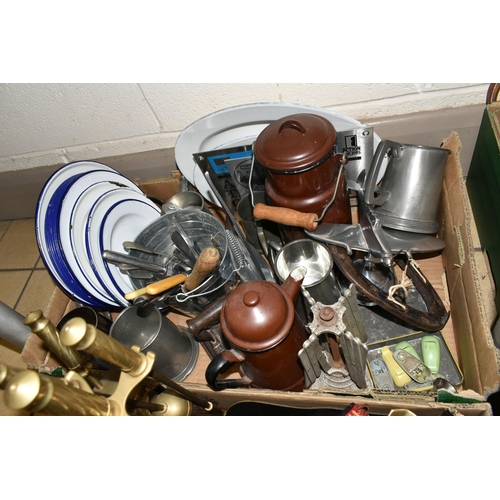 353 - THREE BOXES AND LOOSE METALWARE AND TREEN, to include a brass fireside iron set, horse brasses inclu... 