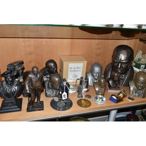 357 - A COLLECTION OF SIR WINSTON CHURCHILL BUSTS, FIGURES AND OTHER ITEMS, to include ten resin busts of ... 