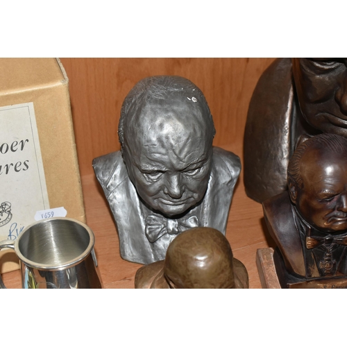 357 - A COLLECTION OF SIR WINSTON CHURCHILL BUSTS, FIGURES AND OTHER ITEMS, to include ten resin busts of ... 