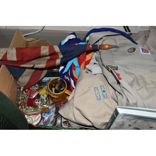 366 - TWO BOXES OF SCOUTING ITEMS, MAPS AND OTHER EPHEMERA, to include assorted Boy Scout and Girl Guide b... 