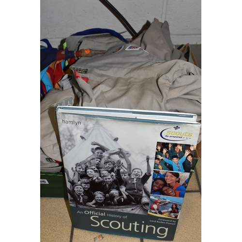 366 - TWO BOXES OF SCOUTING ITEMS, MAPS AND OTHER EPHEMERA, to include assorted Boy Scout and Girl Guide b... 