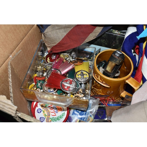 366 - TWO BOXES OF SCOUTING ITEMS, MAPS AND OTHER EPHEMERA, to include assorted Boy Scout and Girl Guide b... 