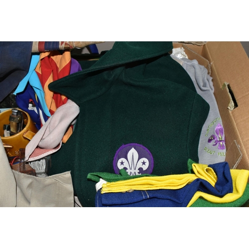 366 - TWO BOXES OF SCOUTING ITEMS, MAPS AND OTHER EPHEMERA, to include assorted Boy Scout and Girl Guide b... 