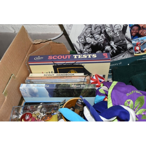 366 - TWO BOXES OF SCOUTING ITEMS, MAPS AND OTHER EPHEMERA, to include assorted Boy Scout and Girl Guide b... 