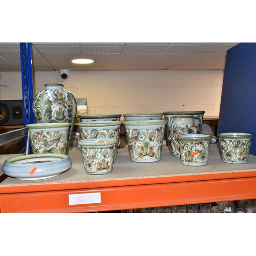 387 - A GROUP OF TWELVE GLYN COLLEDGE FOR DENBY PLANTERS AND VASES, to include three small plant pots diam... 