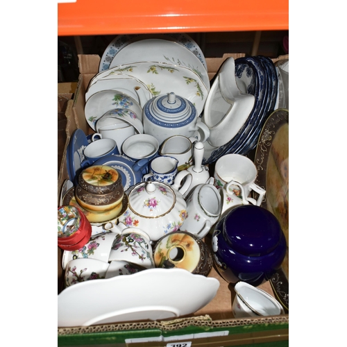 392 - THREE BOXES OF ASSORTED GLASS AND CERAMIC WARES to include a box of crystal cut glass comprising ass... 