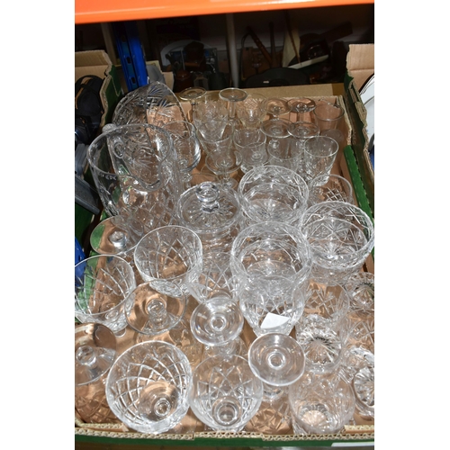 392 - THREE BOXES OF ASSORTED GLASS AND CERAMIC WARES to include a box of crystal cut glass comprising ass... 