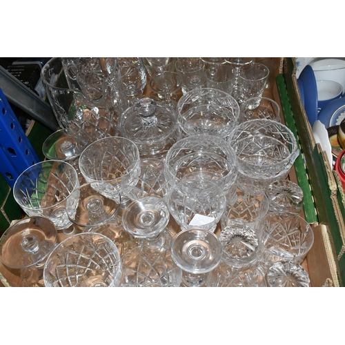 392 - THREE BOXES OF ASSORTED GLASS AND CERAMIC WARES to include a box of crystal cut glass comprising ass... 