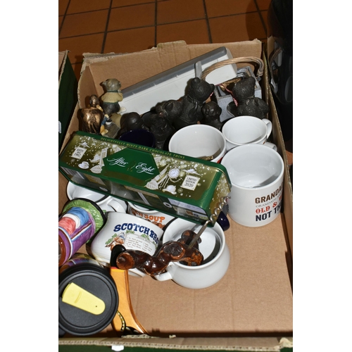 393 - TWO BOXES AND LOOSE MISCELLANEOUS ITEMS to include a rotating spice rack, a quantity of Price and Ke... 